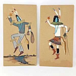 Kachina Sand Wall Art Navajo Native American Painting Panels VTG Set of 2 Signed
